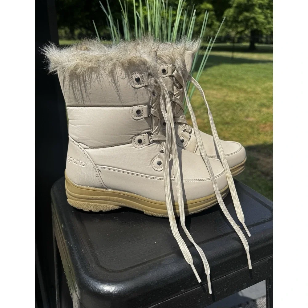 Sporto Kids Size 9 Winter Snow Boots Beige Faux Fur Lace Up Side Zip